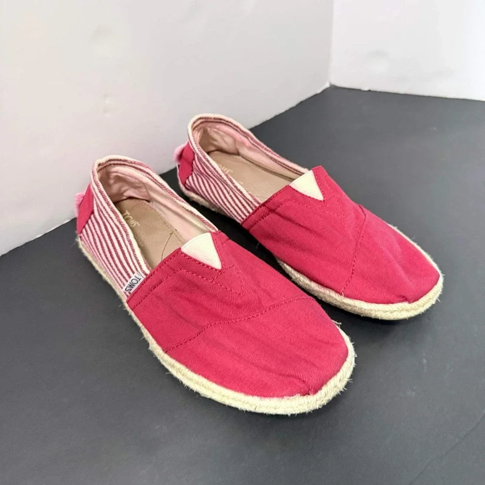 TOMS Red Herringbone Canvas Espadrille Alpargata Flats Striped Heel Womens 7.5
